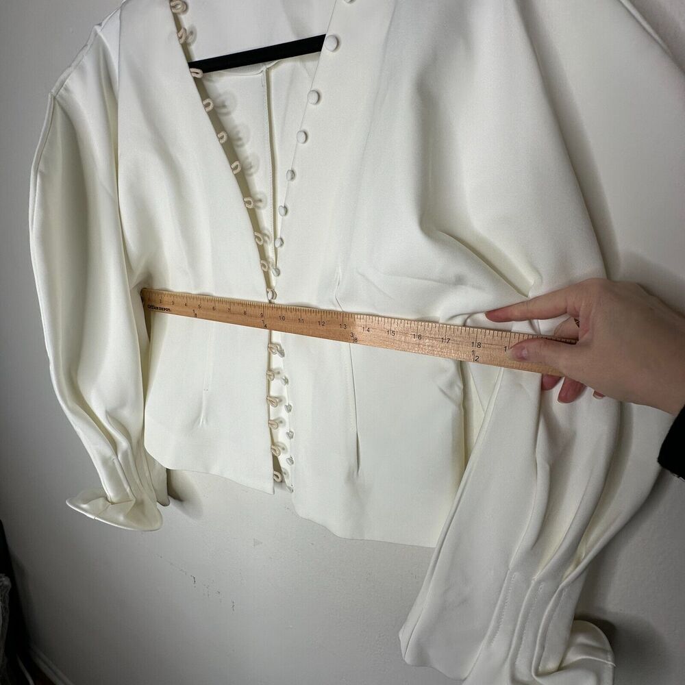 Cream V-Neck Loop & Button Front Balloon Pleated Cuff Sleeve Crop Blouse Med - Picture 7 of 11